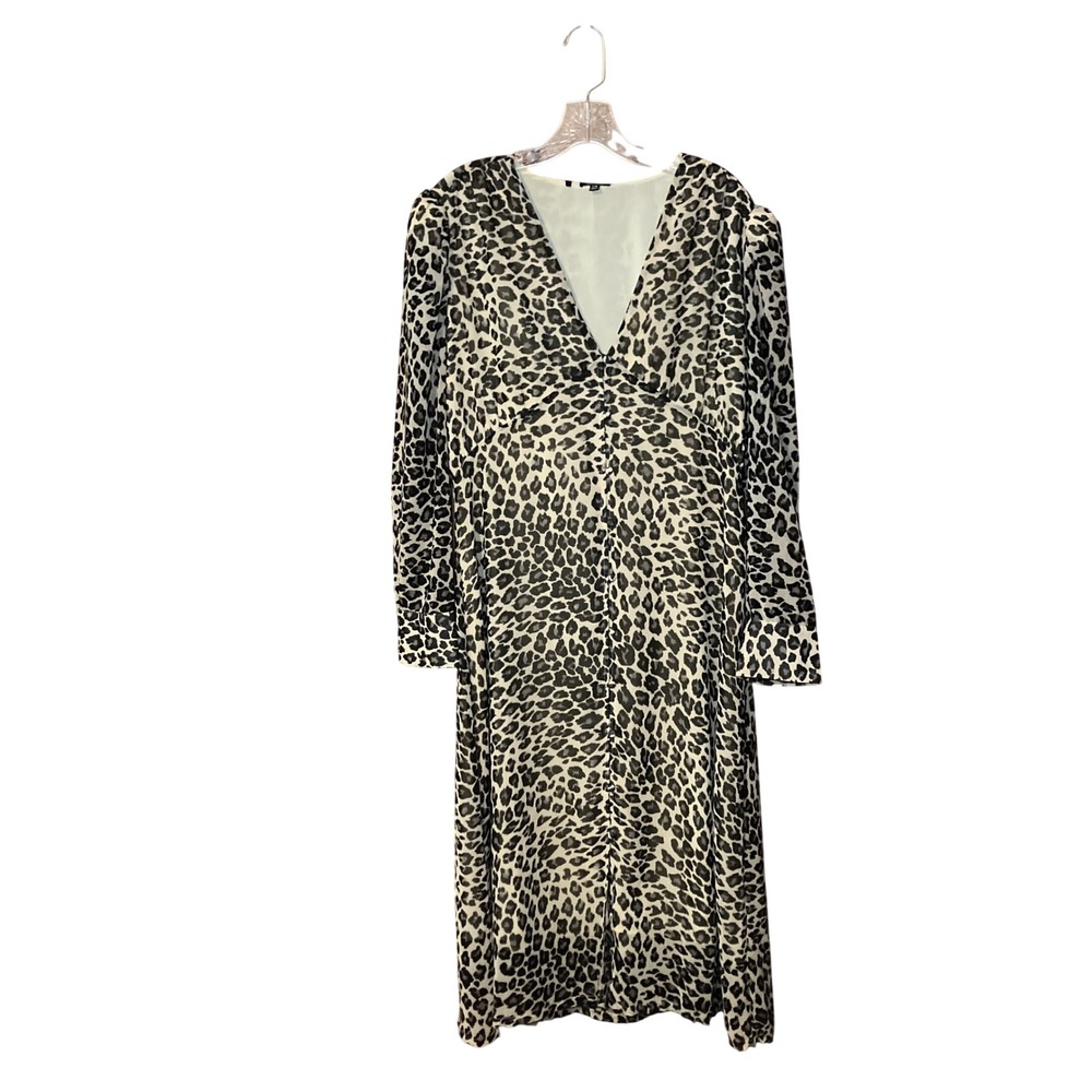 Buffalo Leopard Print Midi Dress Womens L Gray Black V-Neck Long Sleeve
